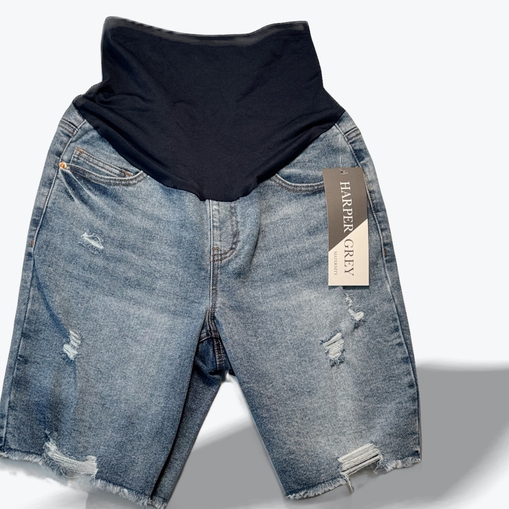 Harper Grey Maternity Distressed Denim Bermuda Shorts Blue Size Large NWT